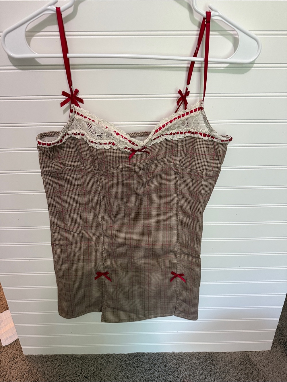 Kimchi Blue Plaid Mini Slip Dress with Red Straps and Cream Lace